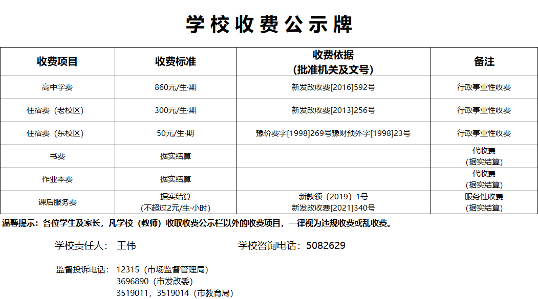 收費(fèi)公示